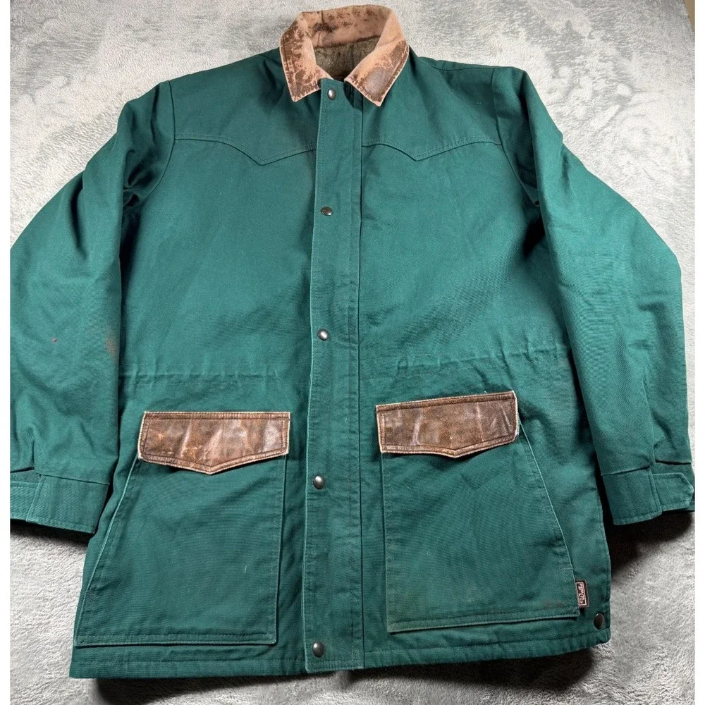 Vtg Walls Western Wear Jacket L Green Canvas Brown Trim Blanket Lined USA